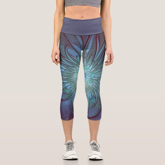 Modernes Abstraktes Trendy Blue Blume Fraktal Art Capri Leggings (Vorderseite)