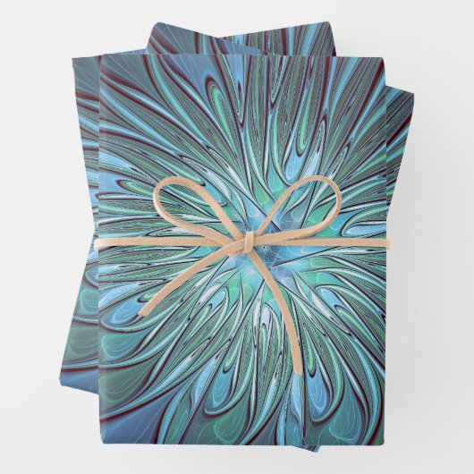 Modernes Abstraktes Trendy Blue Blume Fraktal Art Geschenkpapier Set (Beispiel)