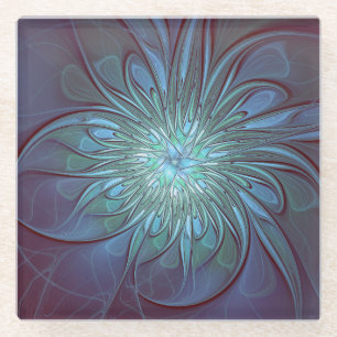 Modernes Abstraktes Trendy Blue Blume Fraktal Art Glasuntersetzer