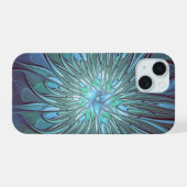 Modernes Abstraktes Trendy Blue Blume Fraktal Art iPhone 15 Hülle (Rückseite (Horizontal))