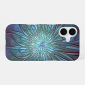 Modernes Abstraktes Trendy Blue Blume Fraktal Art iPhone 16 Hülle (Rückseite (Horizontal))