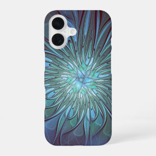 Modernes Abstraktes Trendy Blue Blume Fraktal Art iPhone 16 Hülle
