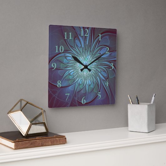 Modernes Abstraktes Trendy Blue Blume Fraktal Art Quadratische Wanduhr (Büro)
