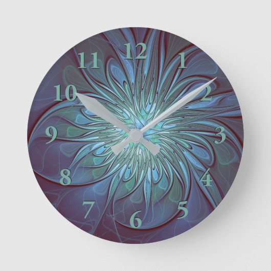 Modernes Abstraktes Trendy Blue Blume Fraktal Art Runde Wanduhr (Vorderseite)