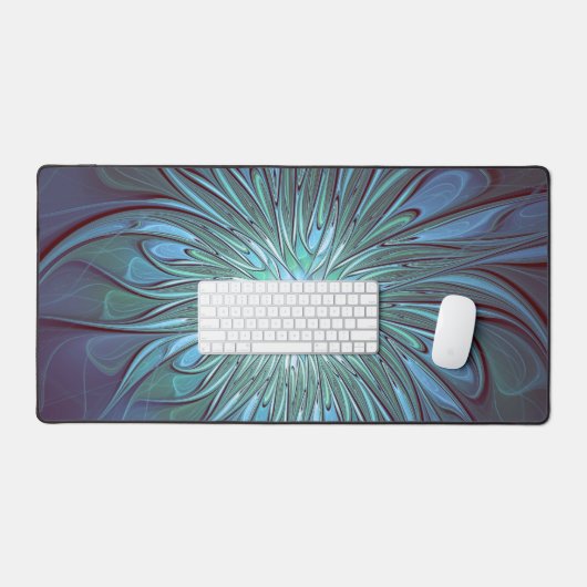 Modernes Abstraktes Trendy Blue Blume Fraktal Art Schreibtischunterlage (Tastatur & Maus)