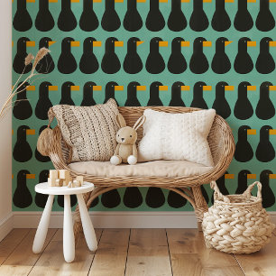 Modernes Abstraktes Vogelmuster fett Schwarz & Aqu Tapete