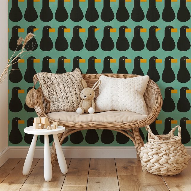 Modernes Abstraktes Vogelmuster fett Schwarz & Aqu Tapete (Von Creator hochgeladen)