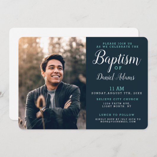 Modernes Adult-Taufen Foto Einladung (Vorne/Hinten)