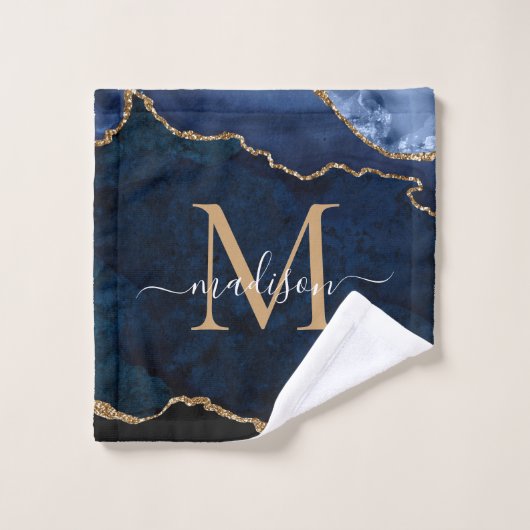 Modernes Agate Geode Navy Blue Gold Monogram Scrip Badhandtuch Set (Waschlappen)