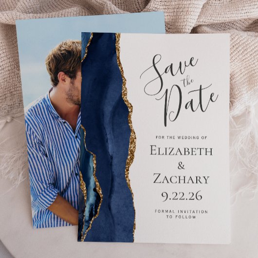 Modernes Agate Navy Blue Gold Foto Save the Date Einladung