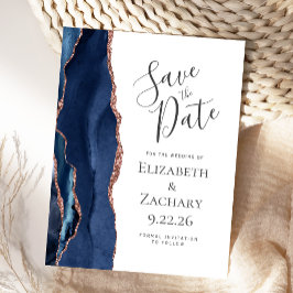 Modernes Agate Navy Blue Rose Gold Save the Date Ankündigungspostkarte
