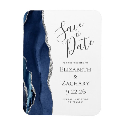 Modernes Agate Navy Blue Silver Save the Date Magnet (Vertikal)