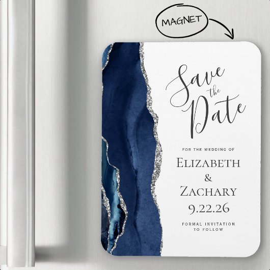 Modernes Agate Navy Blue Silver Save the Date Magnet