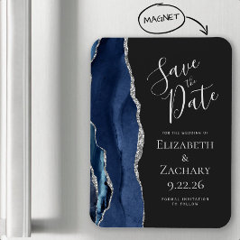 Modernes Agate Navy Blue Silver Save the Date Magnet