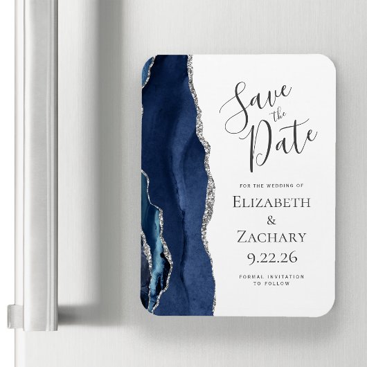 Modernes Agate Navy Blue Silver Save the Date Magnet