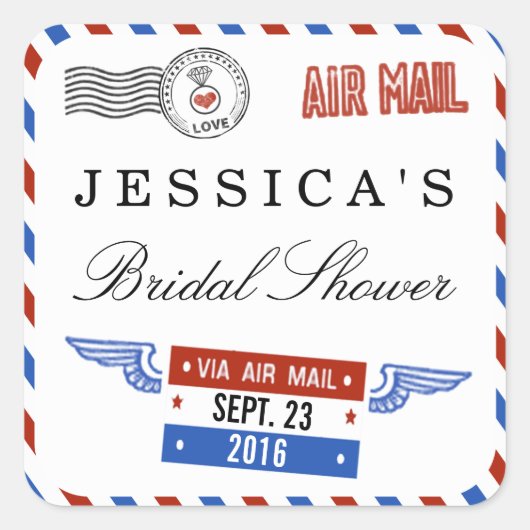 Modernes Airmail Brautparty Gefallen Quadratischer Aufkleber (Vorderseite)