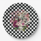 Modernes Alicen im Wunderland Kaninchen Schwarz-we Pappteller (Vorderseite)