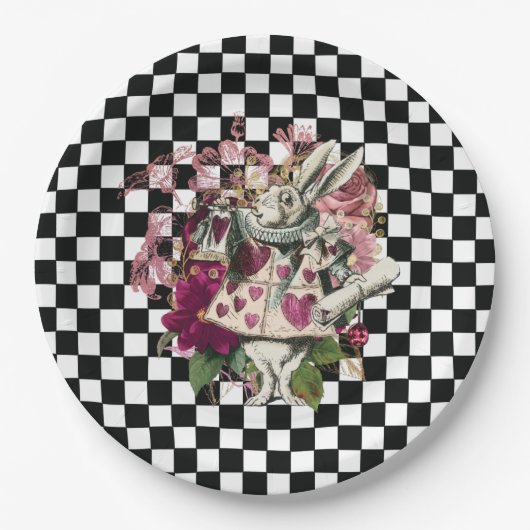 Modernes Alicen im Wunderland Kaninchen Schwarz-we Pappteller (Vorderseite)