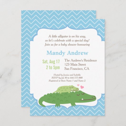 Modernes Alligator Blue Zickzack Baby Dusche Party Einladung (Vorne/Hinten)