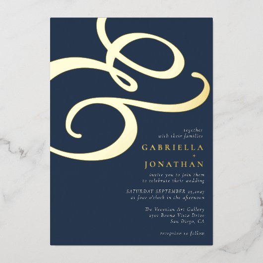 Modernes Ampersand Blue Wedding Gold Folieneinladung (Vorderseite)