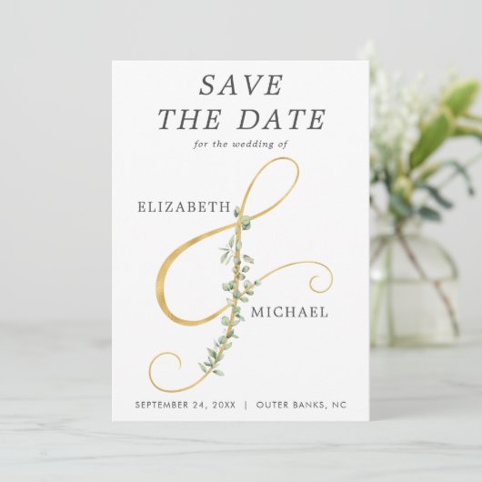 Modernes Ampersand schlichtes Grün Hochzeitssemble Save The Date (Stehend Vorderseite)