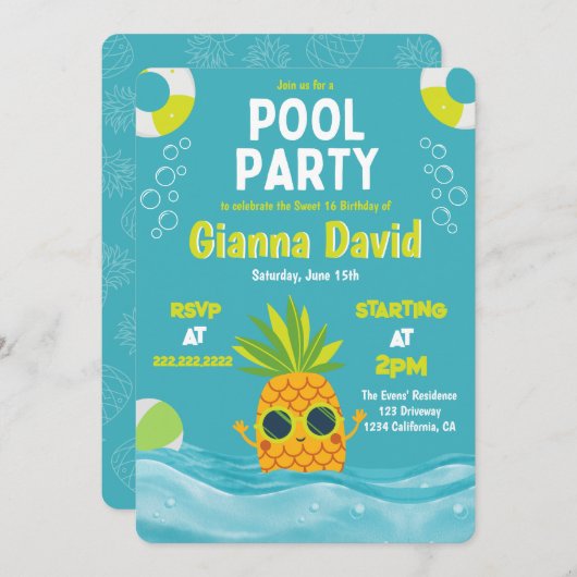 Modernes Ananas Pool Party Geburtstag Sommer Einladung (Vorne/Hinten)