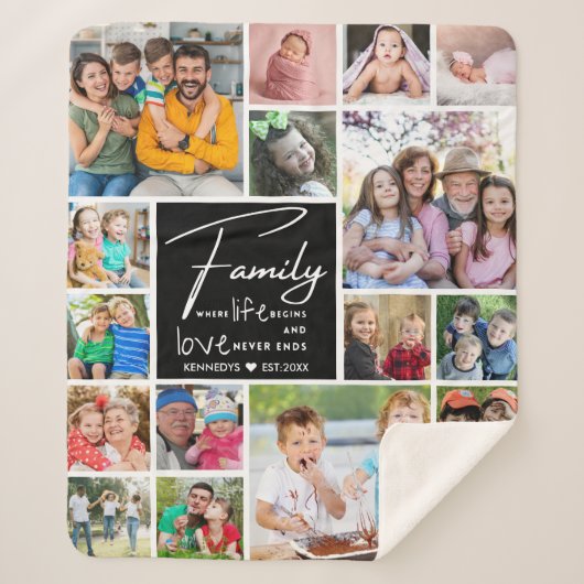 Modernes Angebot von 17 Fotocollage-Familiennamen Sherpadecke (Vorderseite)