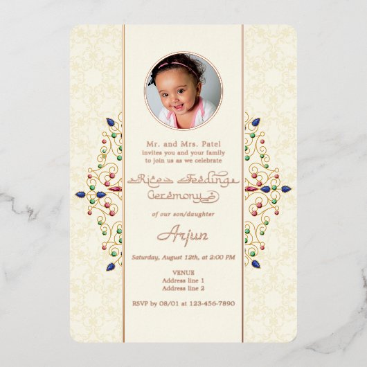 Modernes Annaprashan First Rice Zeremonie Foto Folieneinladung (Vorderseite)