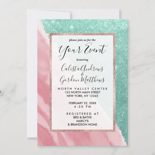 Modernes Aqua Aquamarin Pink Glitzer Aqua Beach Einladung (Vorderseite)