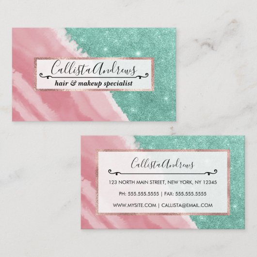 Modernes Aqua Aquamarin Pink Glitzer Aqua Beach Visitenkarte (Vorne/Hinten)