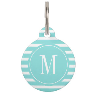 Modernes Aqua Blau und Weiß Streifen mit Monogramm Haustiermarke