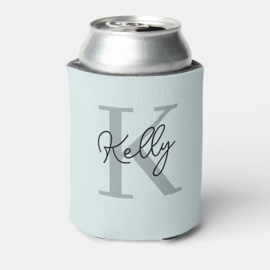 Modernes Aqua Blue Monogram Script Dosenkühler (Kanne Rückseite)