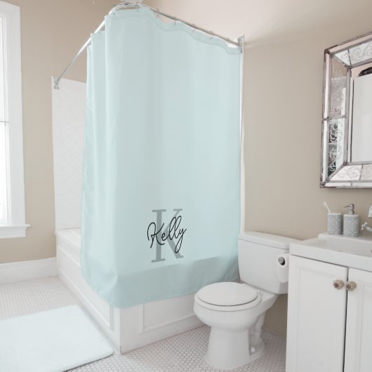 Modernes Aqua Blue Monogram Script Duschvorhang (Beispiel)