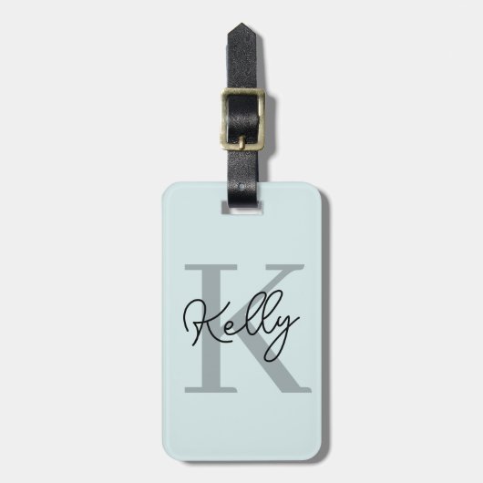 Modernes Aqua Blue Monogram Script Gepäckanhänger (Vorderseite vertikal)