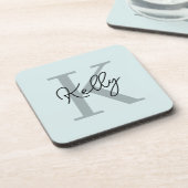 Modernes Aqua Blue Monogram Script Getränkeuntersetzer (Linke Seite)