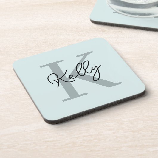 Modernes Aqua Blue Monogram Script Getränkeuntersetzer (Linke Seite)
