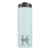 Modernes Aqua Blue Monogram Script Thermosbecher (Vorderseite)