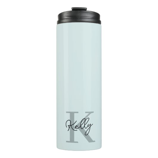 Modernes Aqua Blue Monogram Script Thermosbecher (Vorderseite)