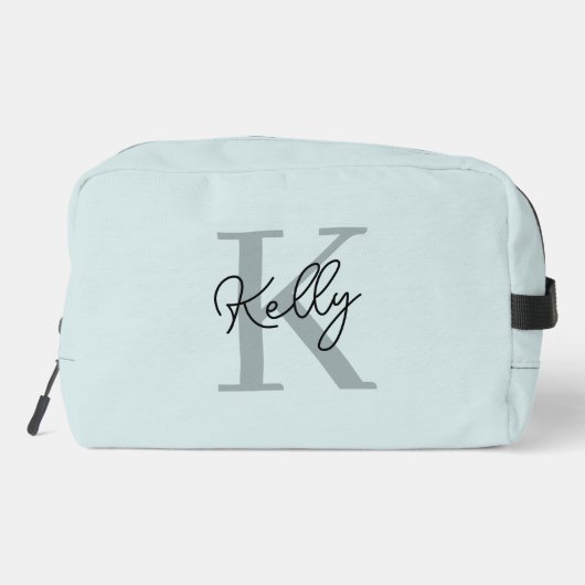 Modernes Aqua Blue Monogram Script Waschbeutel (Rückseite)