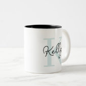 Modernes Aqua Blue Monogram Script Zweifarbige Tasse (VorderseiteRechts)