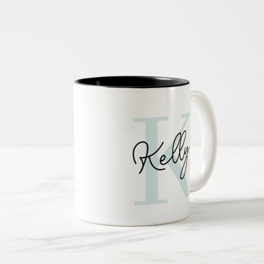 Modernes Aqua Blue Monogram Script Zweifarbige Tasse (VorderseiteRechts)