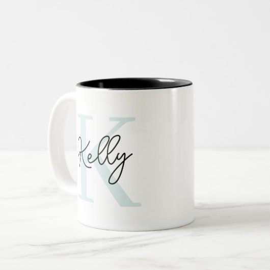 Modernes Aqua Blue Monogram Script Zweifarbige Tasse (Vorderseite Links)