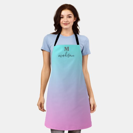 Modernes Aqua Blue Pink Gradient Ombre Monogram Schürze (Getragen)