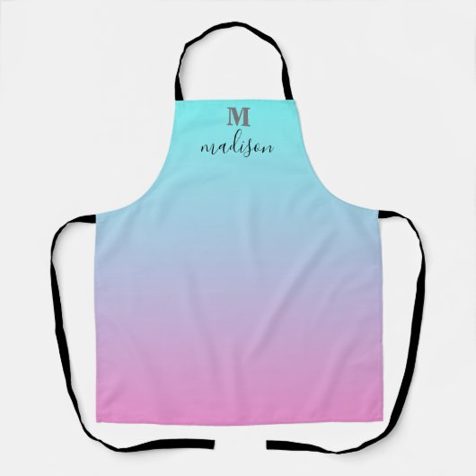 Modernes Aqua Blue Pink Gradient Ombre Monogram Schürze (Vorderseite)