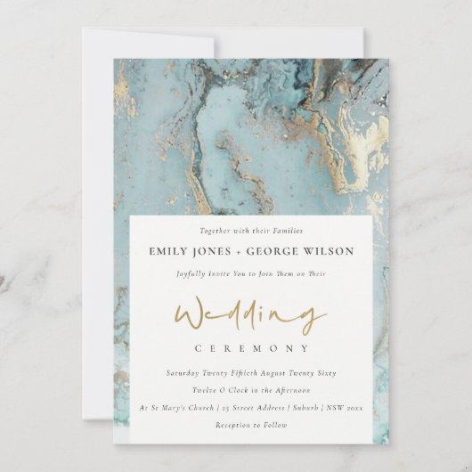 MODERNES AQUA DUSKY BLAUE GOLD AGATE WEDING INVITE DANKESKARTE (Vorderseite)