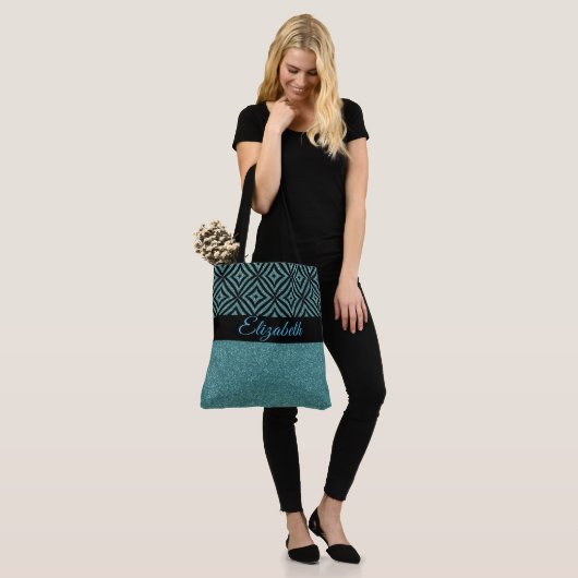Modernes Aqua-Glitzer-Schwarz-Muster Pesonalized Tasche (Am Model)