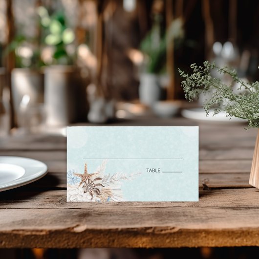 Modernes Aqua Ocean & Muscheln Hochzeit Platzkarte