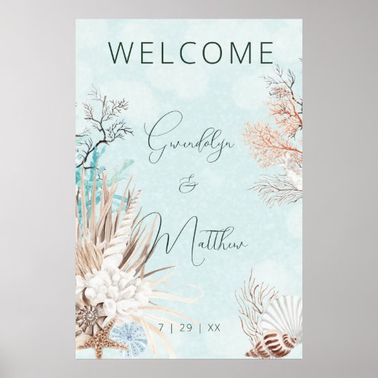 Modernes Aqua Ocean & Muscheln Hochzeit Poster (Vorne)