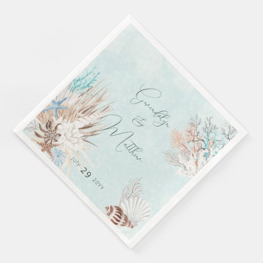 Modernes Aqua Ocean & Muscheln Hochzeit Serviette (Ecke)