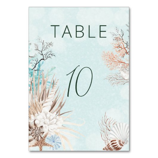 Modernes Aqua Ocean & Muscheln Hochzeit Tischnummer (Rückseite)